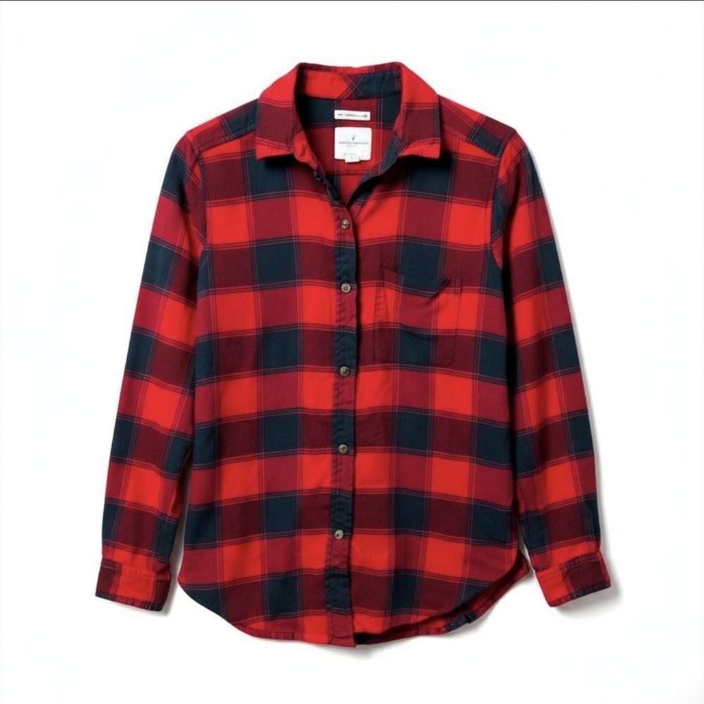 American Eagle Boyfriend Small Red Gray Flannel Button Down Long Sleeve Shirt - Picture 1 of 5